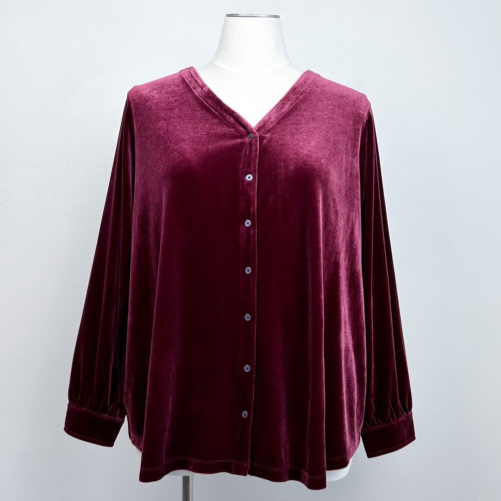 Lands' End Burgundy V-Neck Button-Up Velvet Blouse
